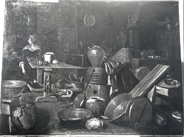 Anonimo — Valentino Giovan Domenico - sec. XVII - Interno di cucina con botte, stoviglie, ortaggi e figura femminile — insieme